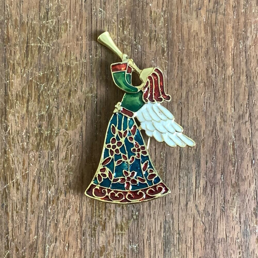 Signed TC‎ GoldToned Enameled Christmas Angel Brooch Pin Trumpet Holidays